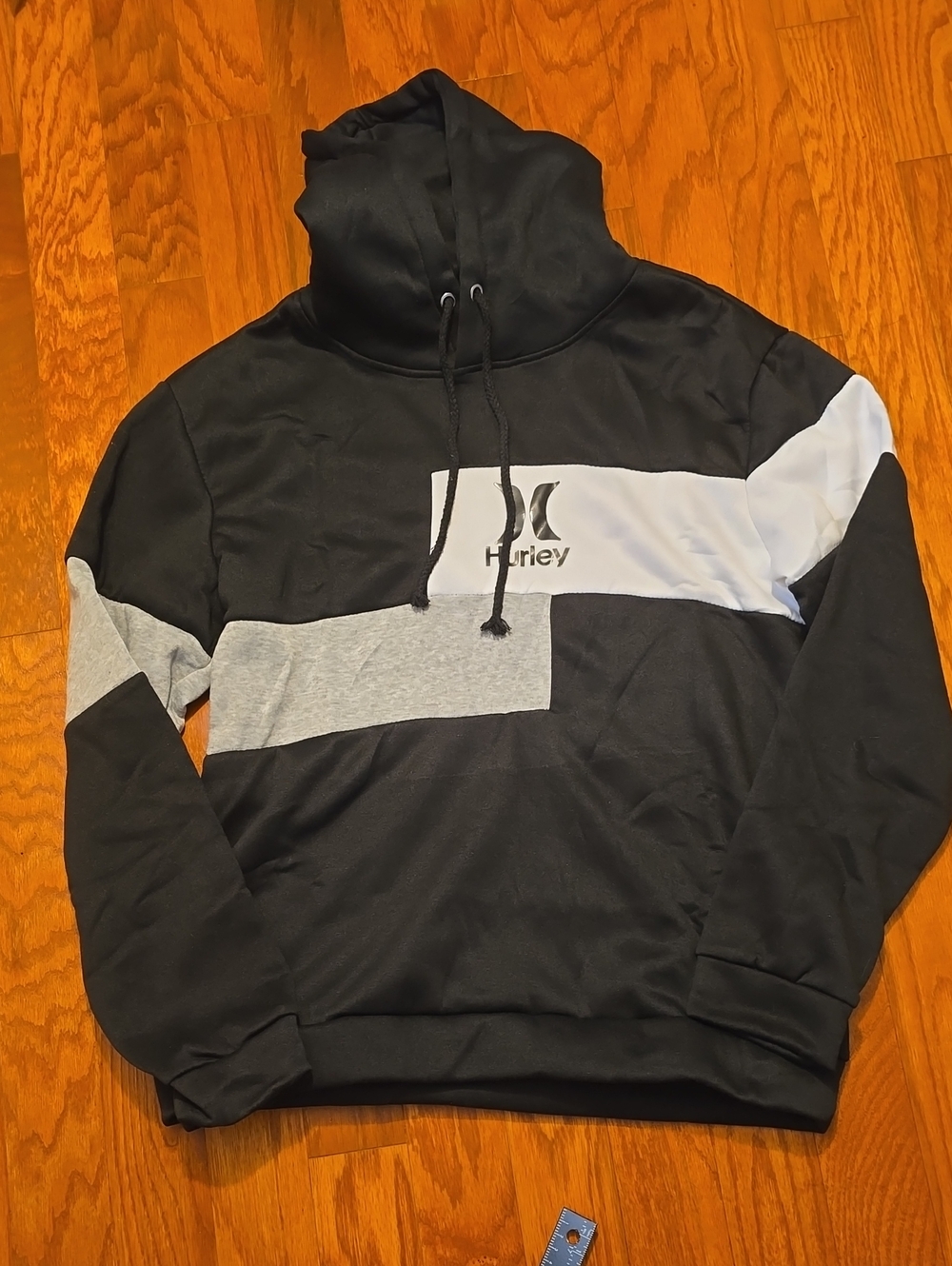 Hurley Men’s Black Hoodie with Gray and White Colorblock Panels
